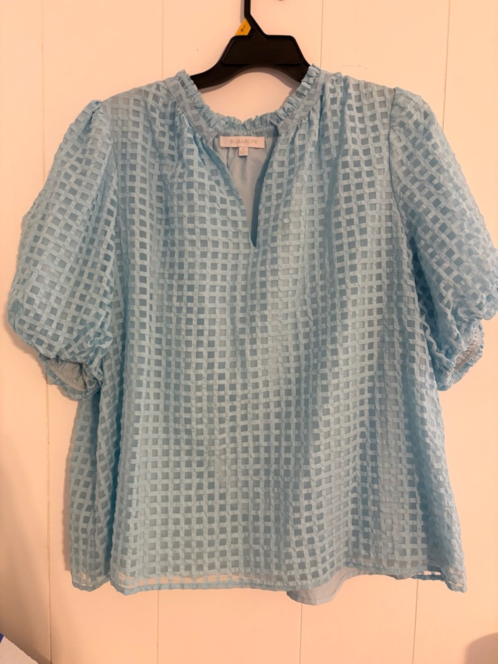 Sugarlips Light Blue Textured Puff-Sleeve Blouse